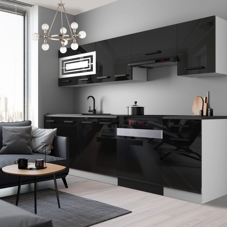 Meubles de cuisine Premium Version Complète 240 cm brillance noir avec plan de travail Fabricant INF LILY/0/WT/B/B/B1
