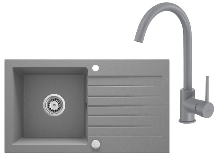 Évier ZORBA gris avec égouttoir + robinet NEMEZJA gris ZQZB S113