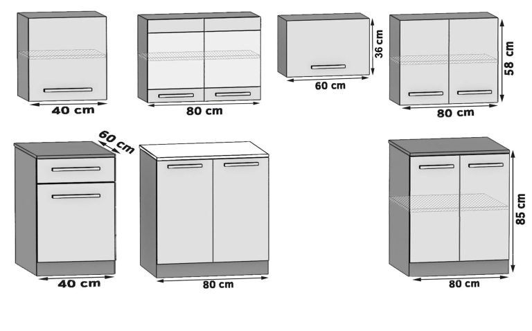 Meubles de cuisine 260 cm gris anthracite graphite sans plan de travail Fabricant TOR JUSTYNA/2/WT/SR/BB/B1