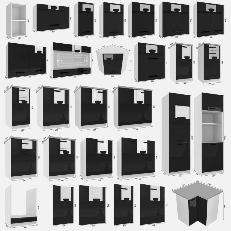 Meubles de cuisine 240 cm noir brillant sans plan de travail Fabricant INF UNIQA2/3/WT/B/BB/B1