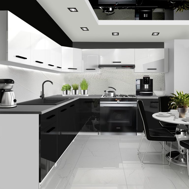 Meubles de cuisine 420 cm blanc brillant noir brillant avec plan de travail Fabricant INF UNIQAPLUS/4/WT/WB/0/B1