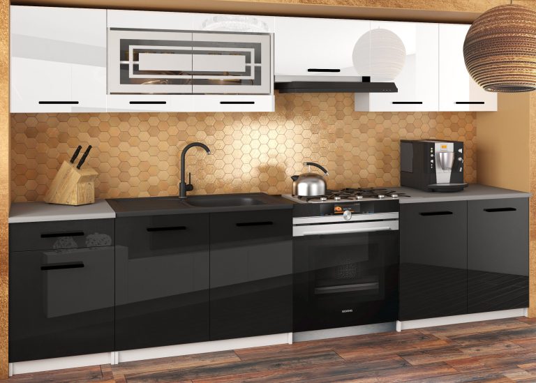 Meble kuchenne JUSTYNA 260 cm białe połysk czarne połysk z blatem Producent