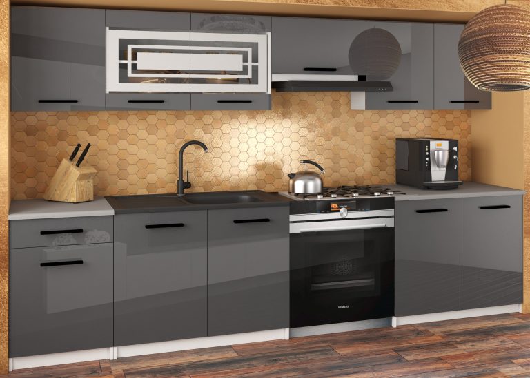 Meble kuchenne JUSTYNA 260 cm szare połysk bez blatu Producent