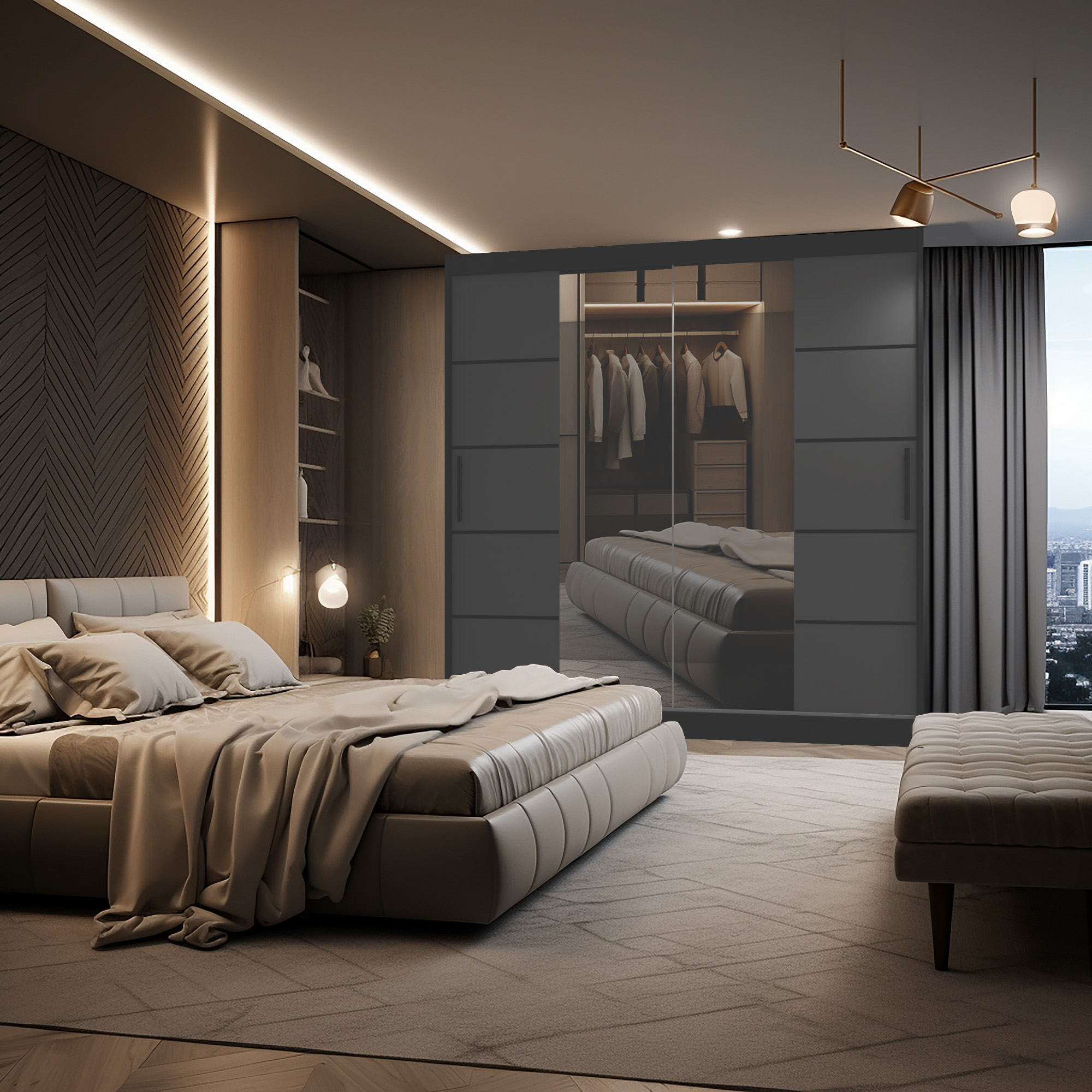 Chambre moderne avec lit confortable et armoire intégrée