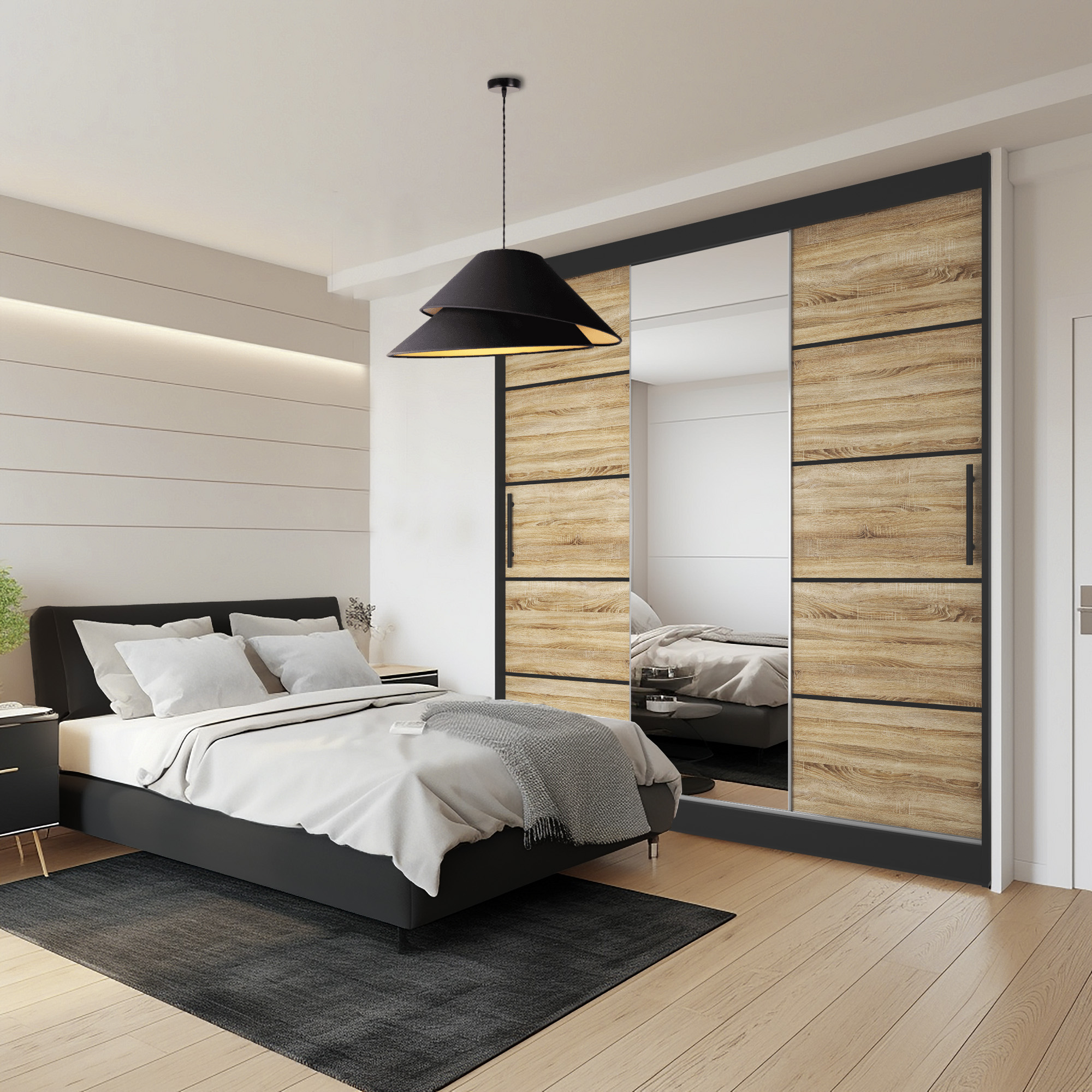 Chambre avec placard en bois et lit confortable