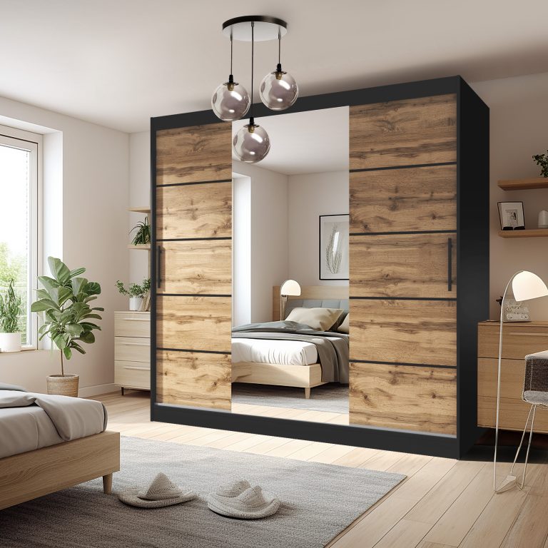 Armoire 235 cm Belini noir mat / chêne wotan avec portes coulissantes, miroir et tiroirs Fabricant MBP SZP8/0/1B/2DW1L/0/KLP