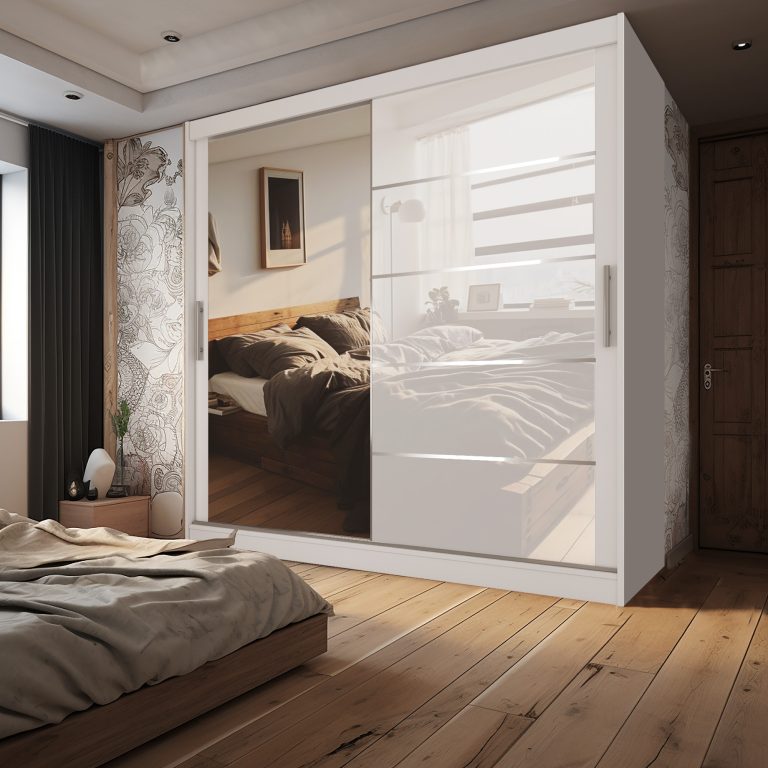 Armoire 200 cm Belini blanc mat / blanc brillant avec portes coulissantes miroir et tiroirs Fabricant MGB SZP5/1/W/1L5W/KLAL