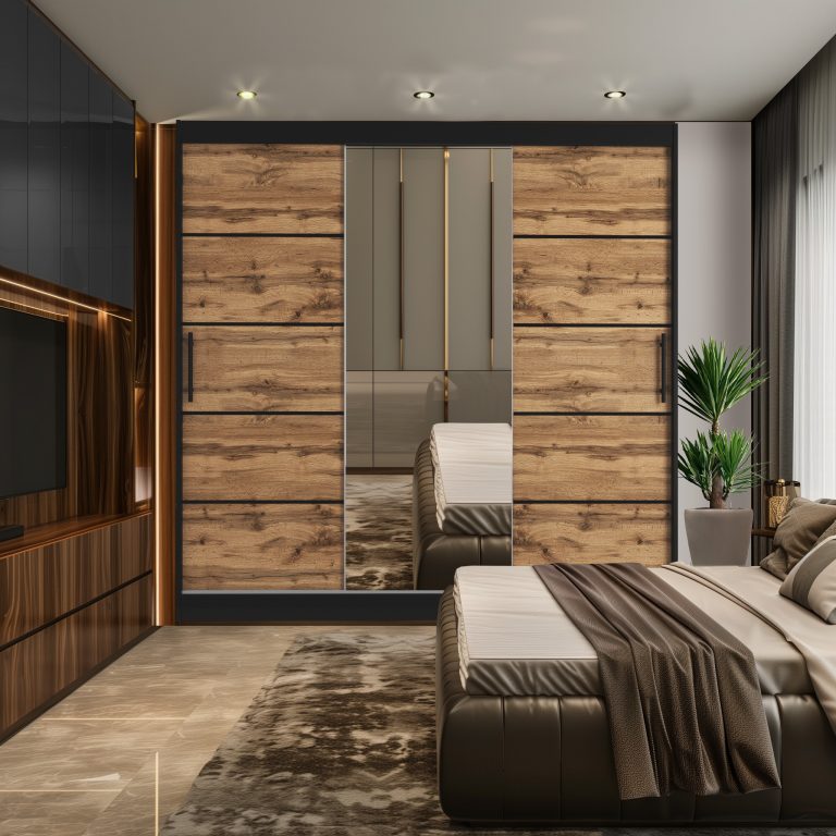 Armoire 235 cm Belini noir mat / chêne wotan avec portes coulissantes, miroir et tiroirs Fabricant MBP SZP8/0/1B/2DW1L/0/KLP