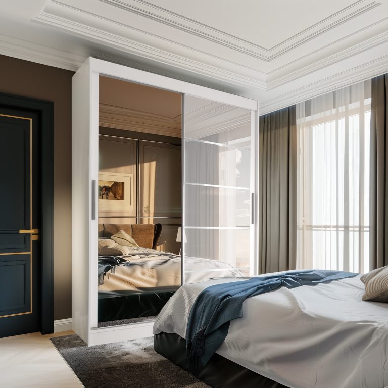 Armoire 158 cm Belini blanc mat / blanc brillant avec portes coulissantes miroir et tiroirs Fabricant MGB SZP7/0/W/1L5W/KLAL