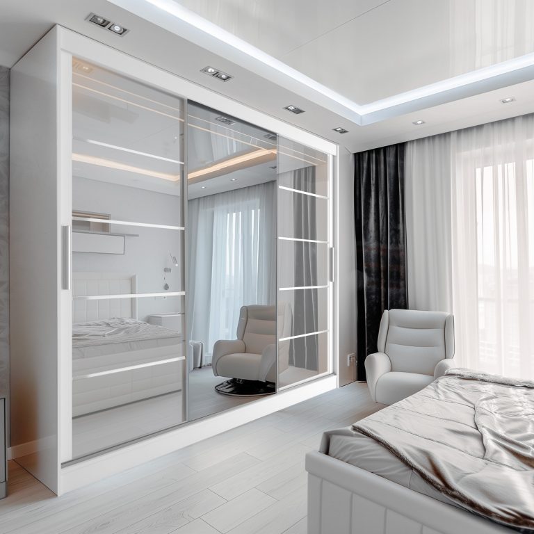 Armoire 235 cm Belini blanc mat / blanc brillant avec portes coulissantes miroir et tiroirs Fabricant MGB SZP8/0/W/2W1L/KLAL