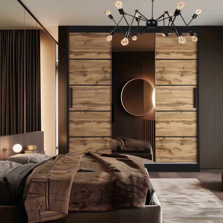 Armoire 200 cm Belini noir mat / chêne wotan avec portes coulissantes, miroir et tiroirs Fabricant MT SZP5/1/B/DW/0/KLP