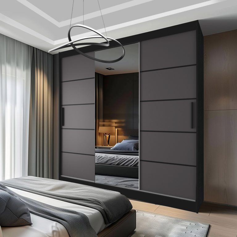 Armoire 200 cm Belini noir mat / gris mat avec portes coulissantes miroir et tiroirs Fabricant MT SZP5/1/B/SR/0/KLP