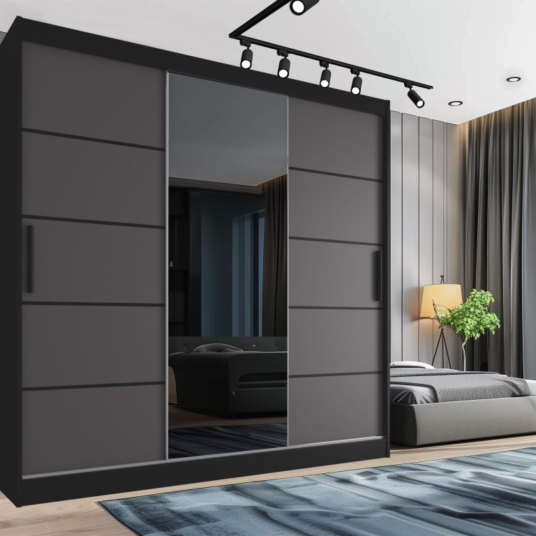 Armoire 200 cm Belini noir mat / gris mat avec portes coulissantes miroir et tiroirs Fabricant MT SZP5/1/B/SR/0/KLP