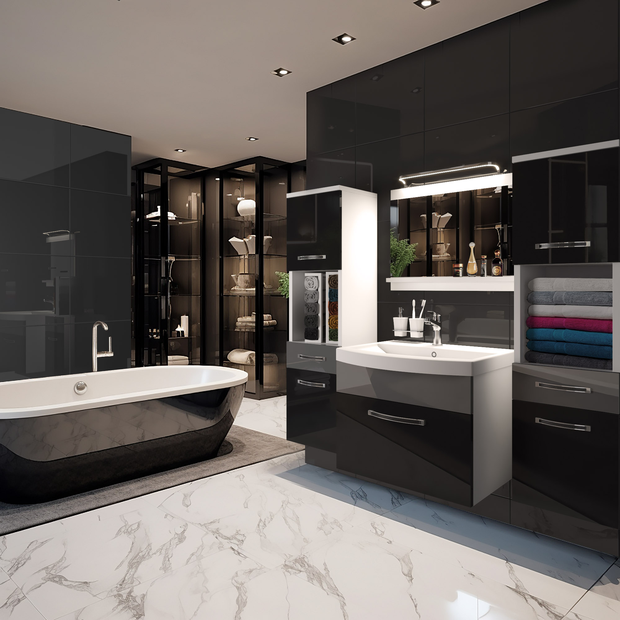 Salle de bain moderne avec baignoire et rangements élégants