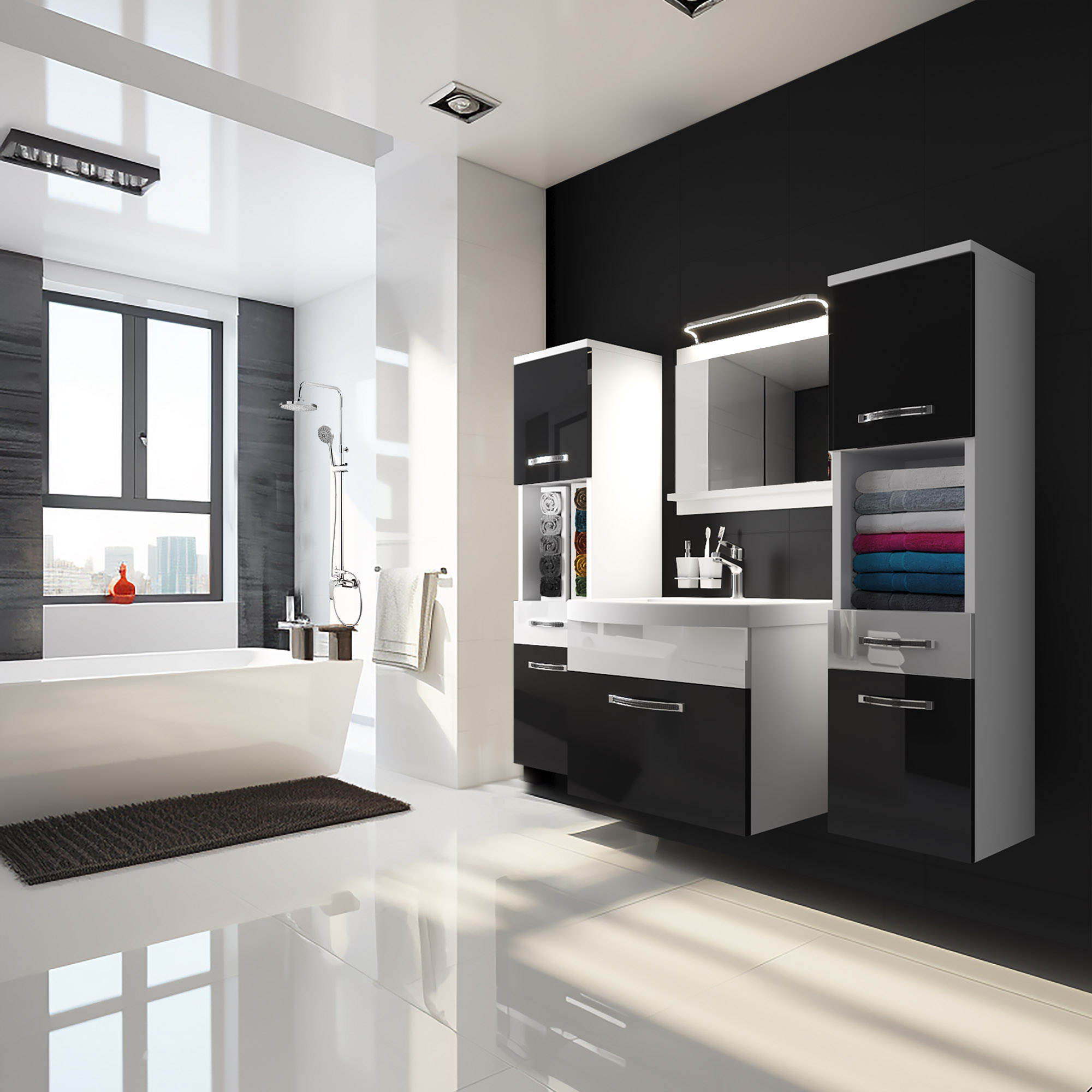 Salle de bains moderne avec meubles noir et blanc