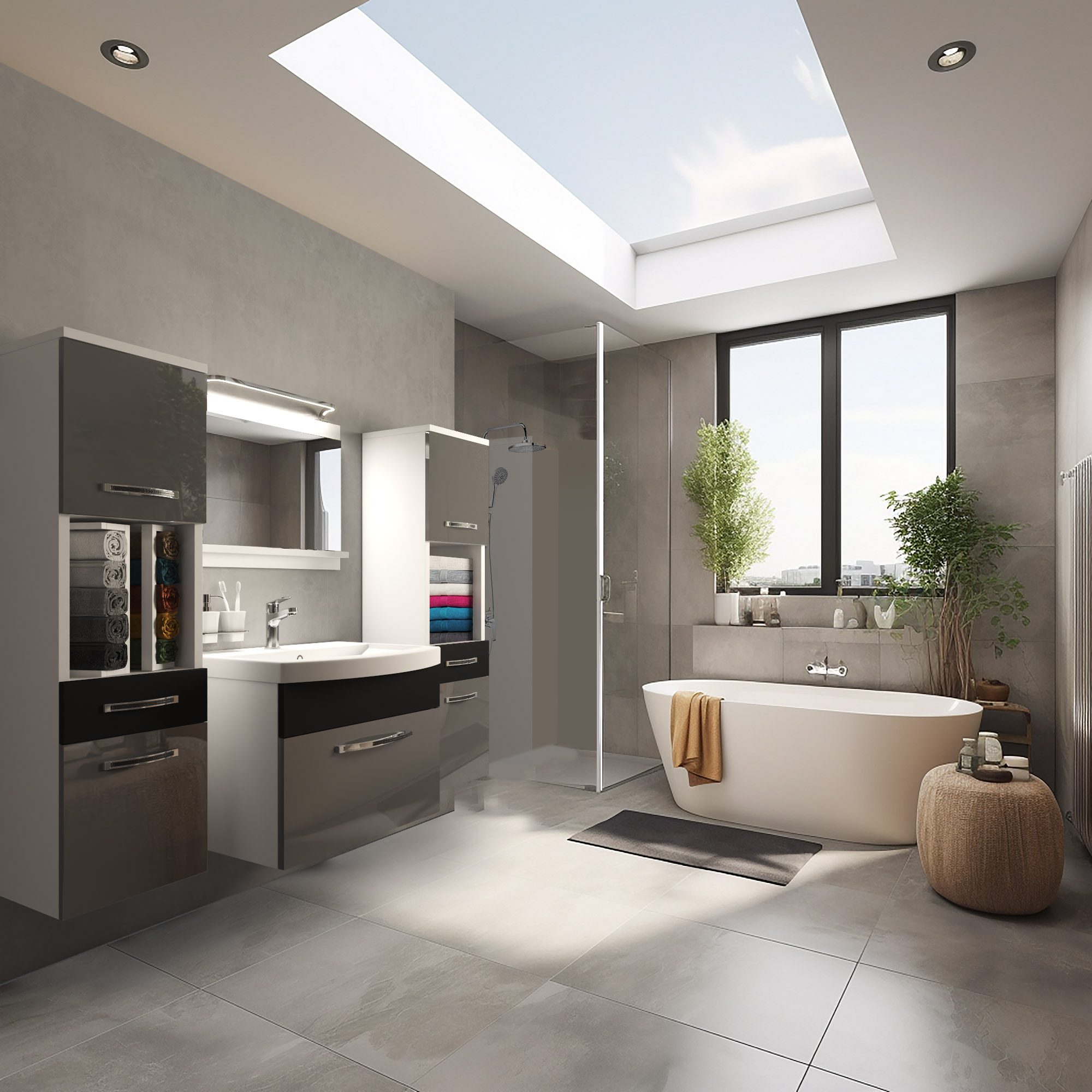 Salle de bain avec puits de lumière et baignoire îlot