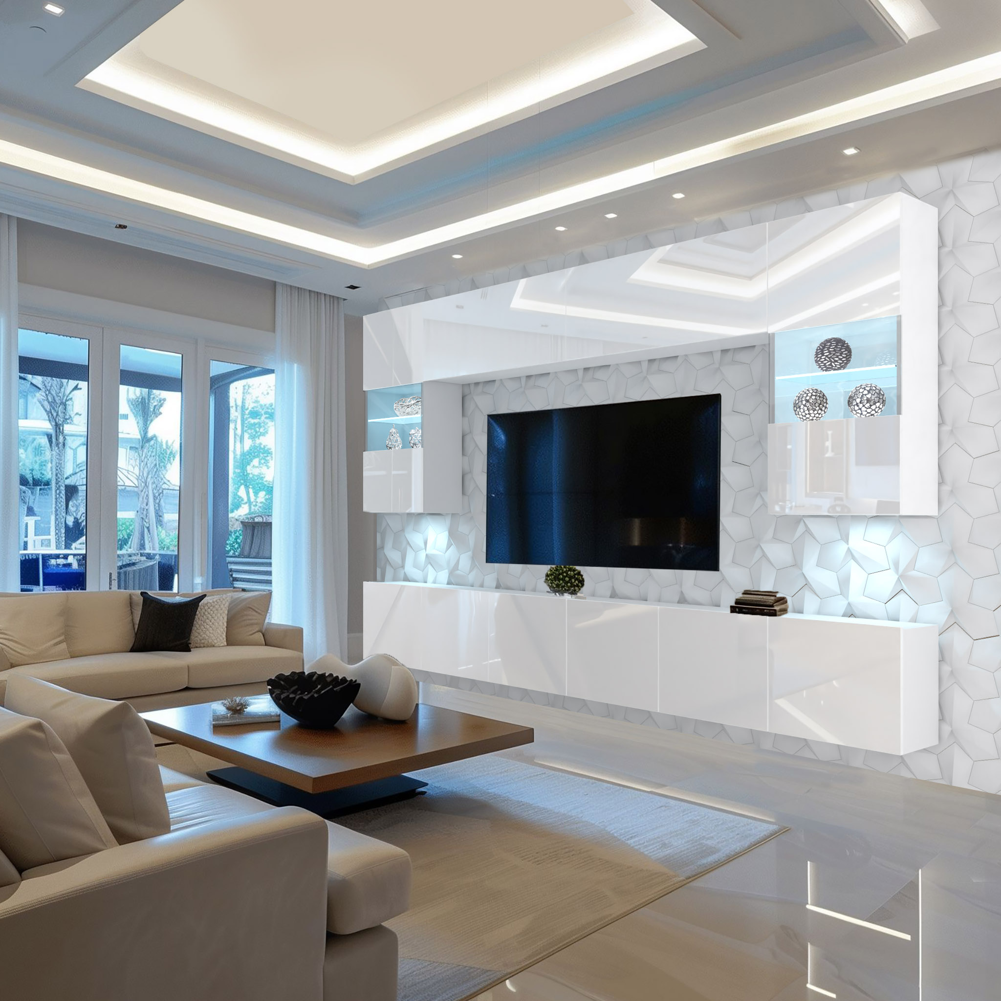 Salon moderne avec meubles blancs et mur en relief