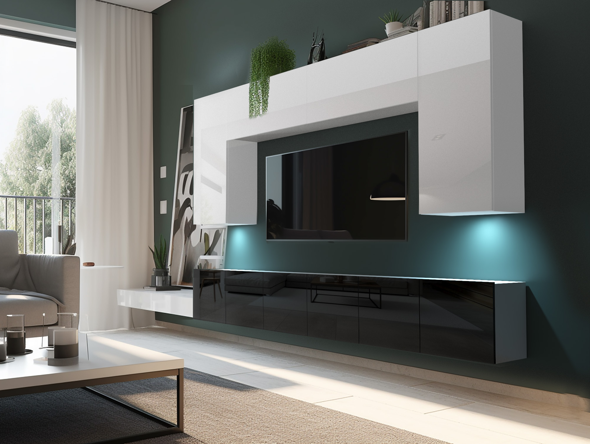 Białe meble w salonie z zielonymi ścianami