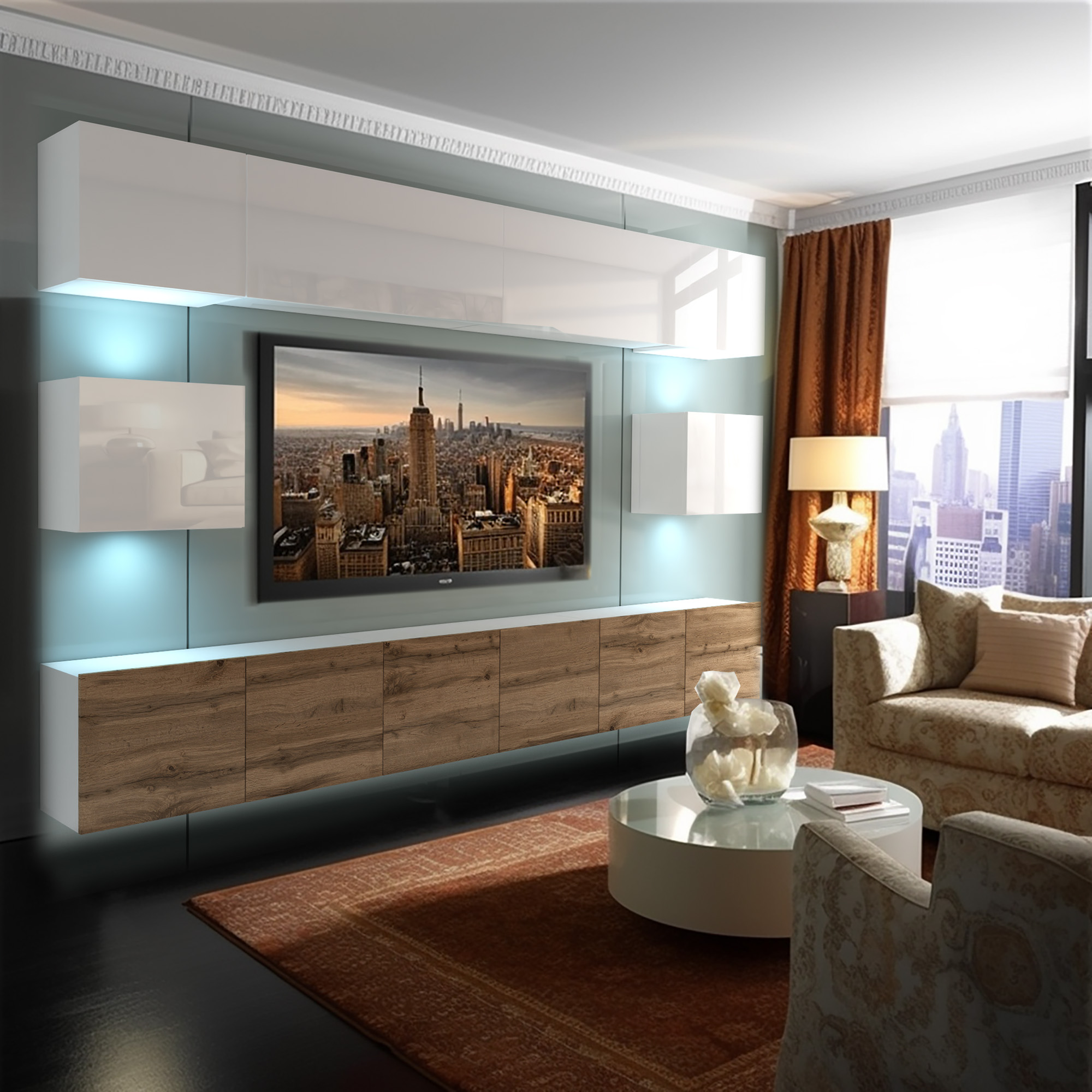 Stylowy salon z eleganckimi meblami i dużym oknem