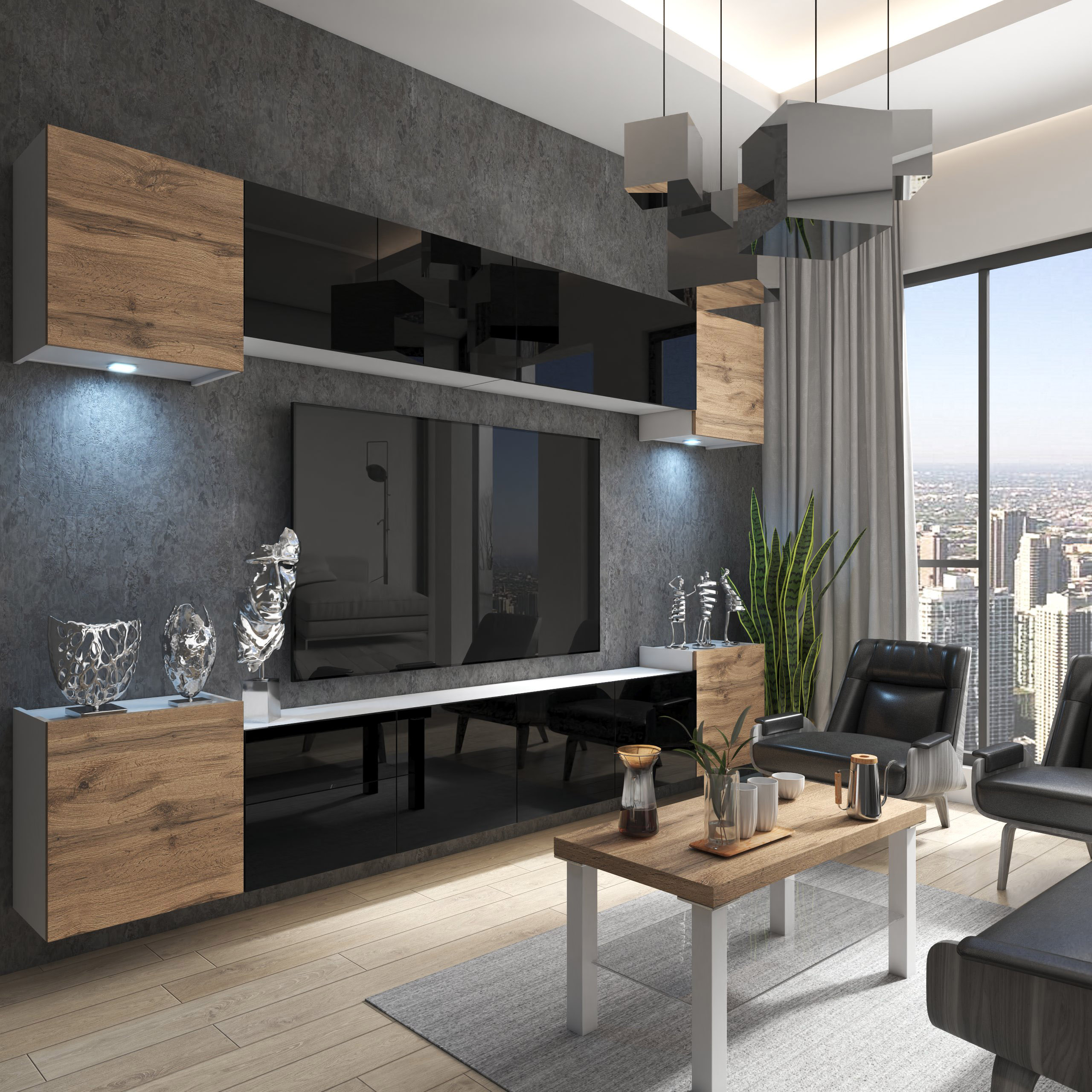 Salon moderne avec meubles en bois et vue urbaine