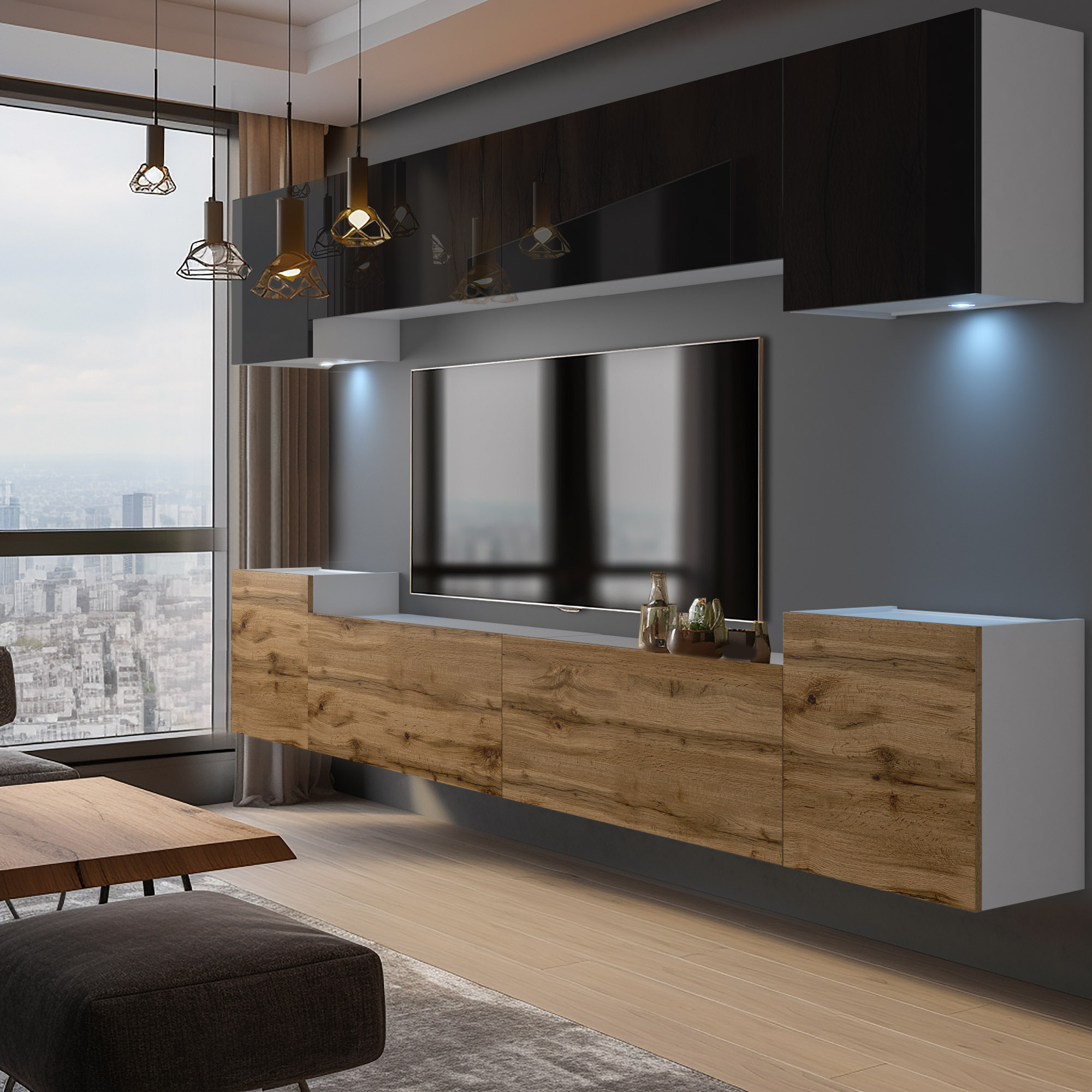 Salon avec meuble TV suspendu en bois et noir Please ensure any details correspond accurately to the elements displayed in your actual image.