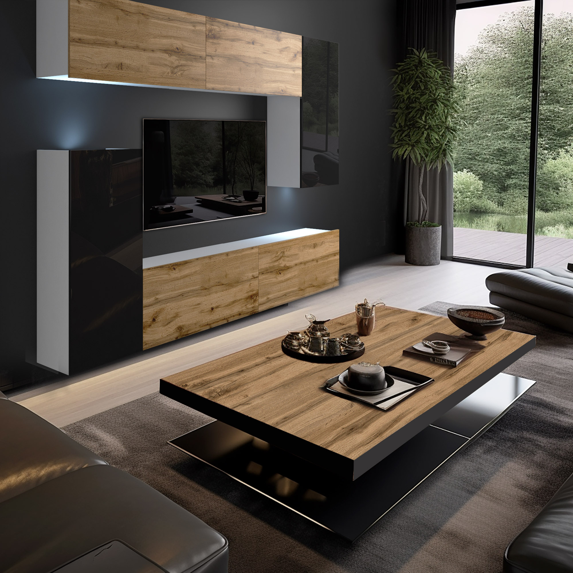 Salon moderne avec meubles en bois et accents foncés