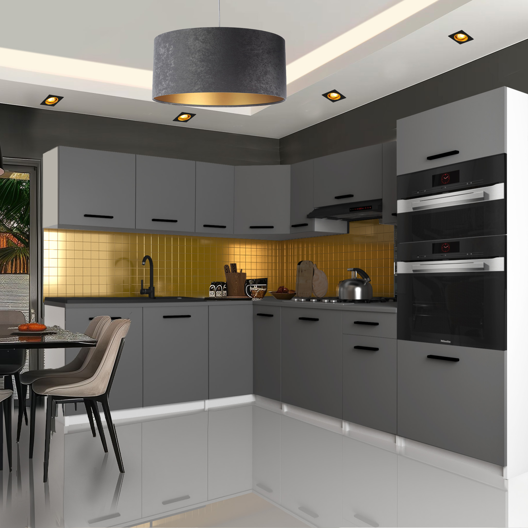 Szara kuchnia ze złotą ścianą i czarnymi detalami