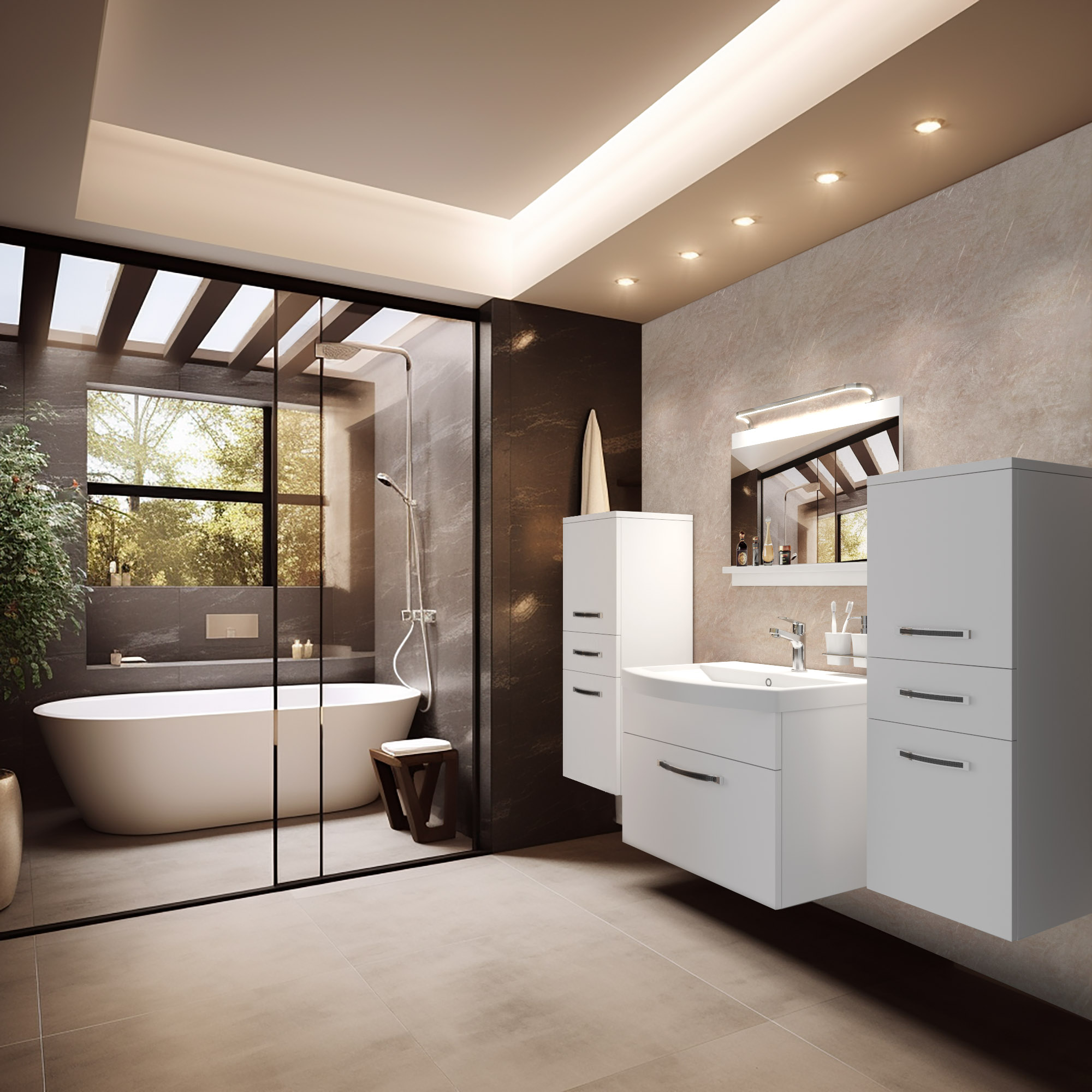 Salle de bain moderne avec baignoire et meubles blancs