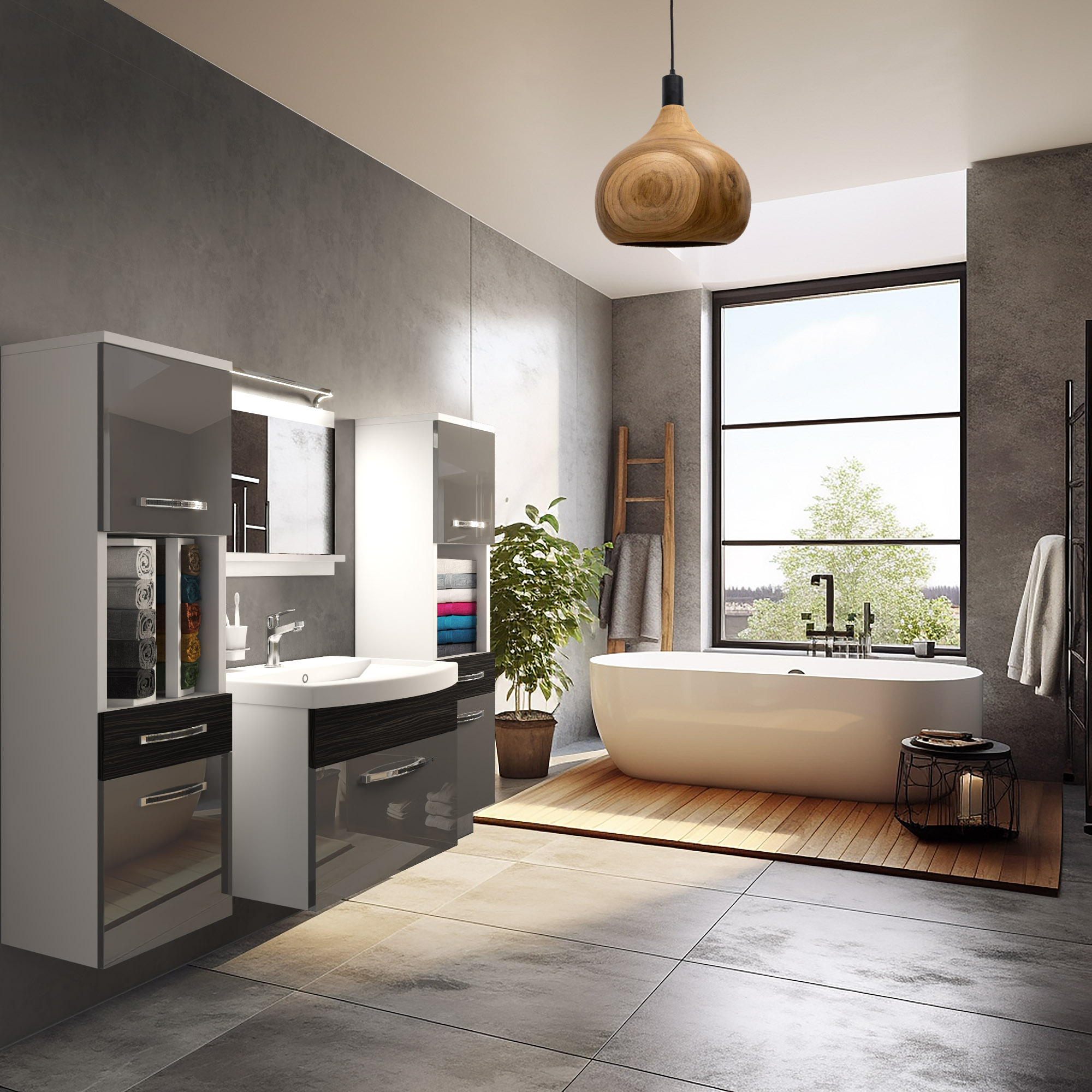 Salle de bain élégante avec baignoire et grandes fenêtres