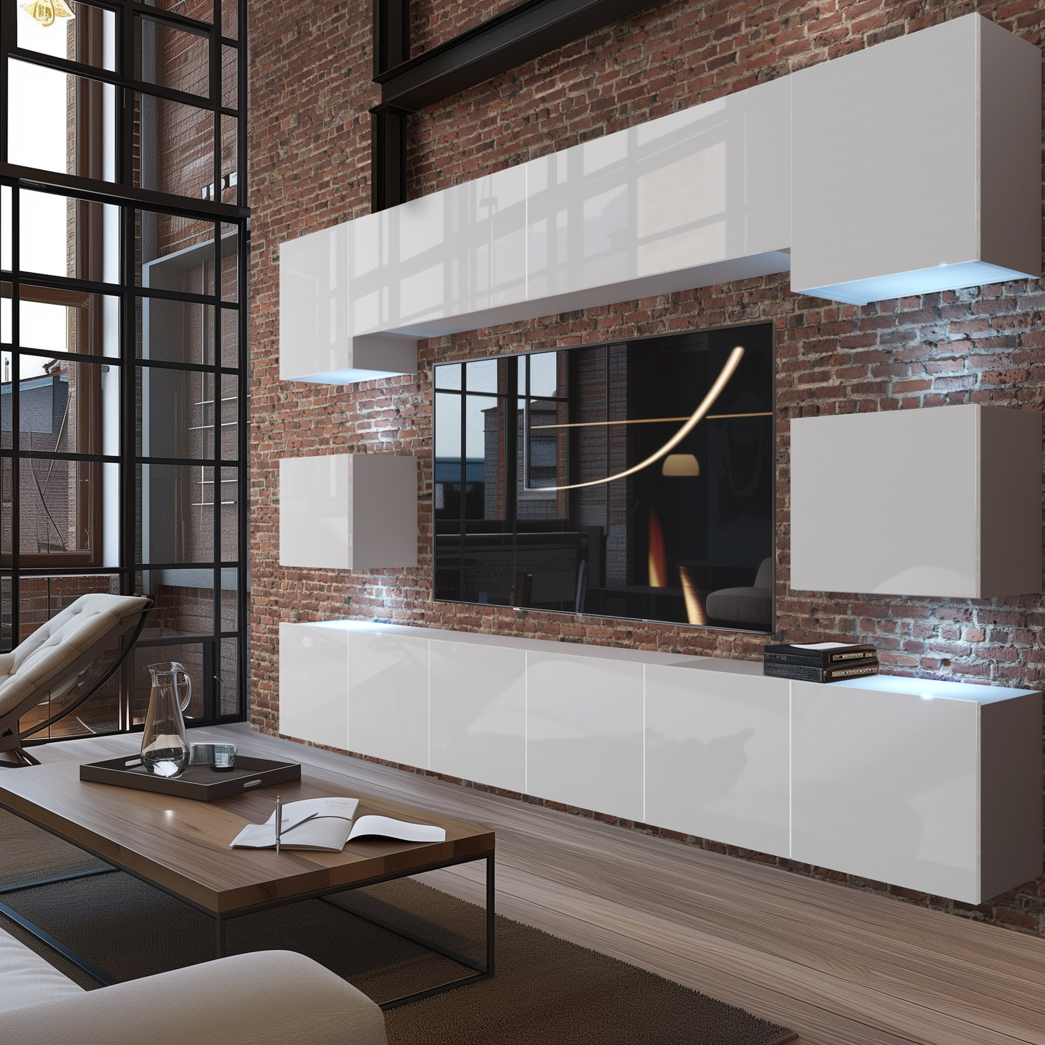 Salon avec mur de briques et mobilier moderne