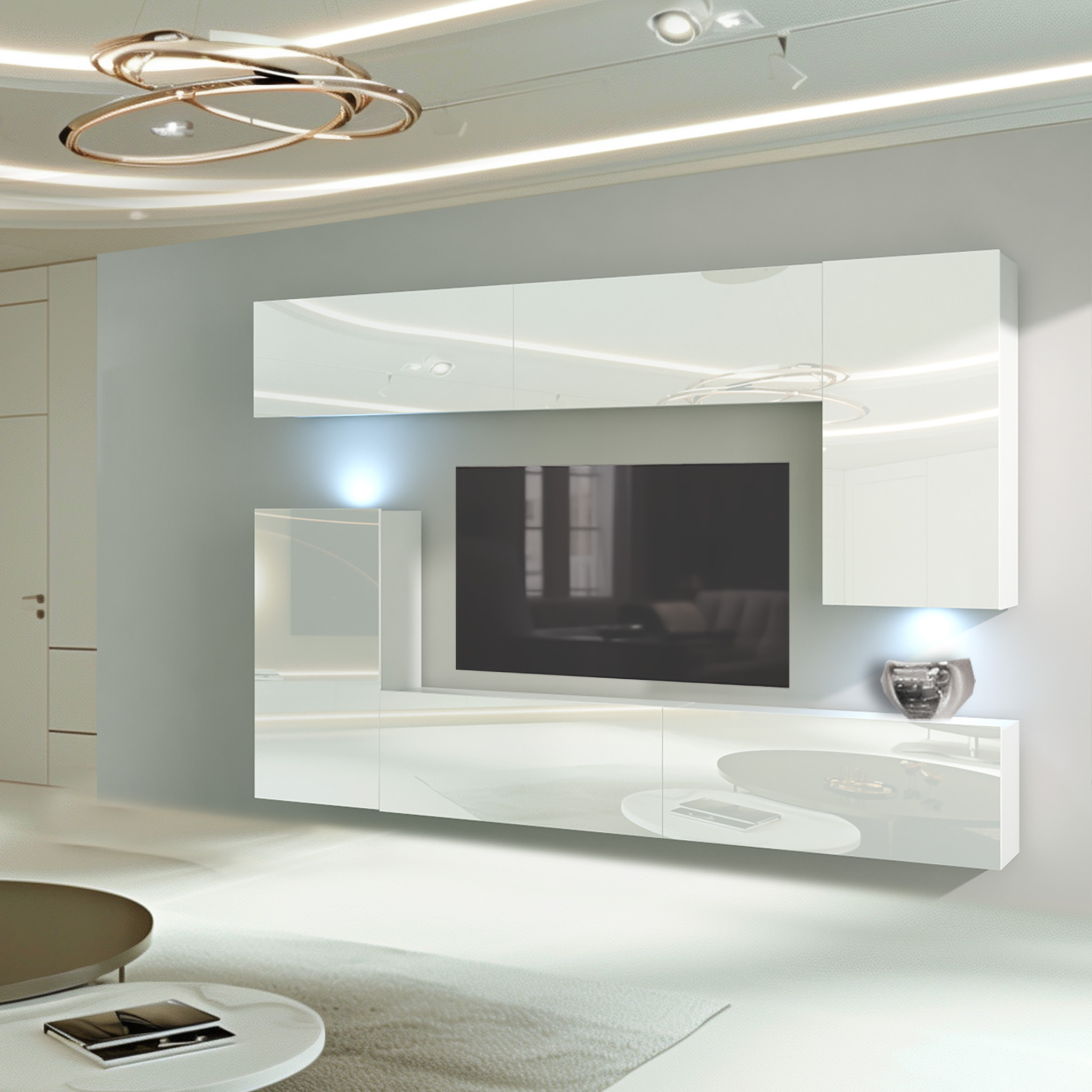 Mur multimédia avec mobilier blanc dans le salon