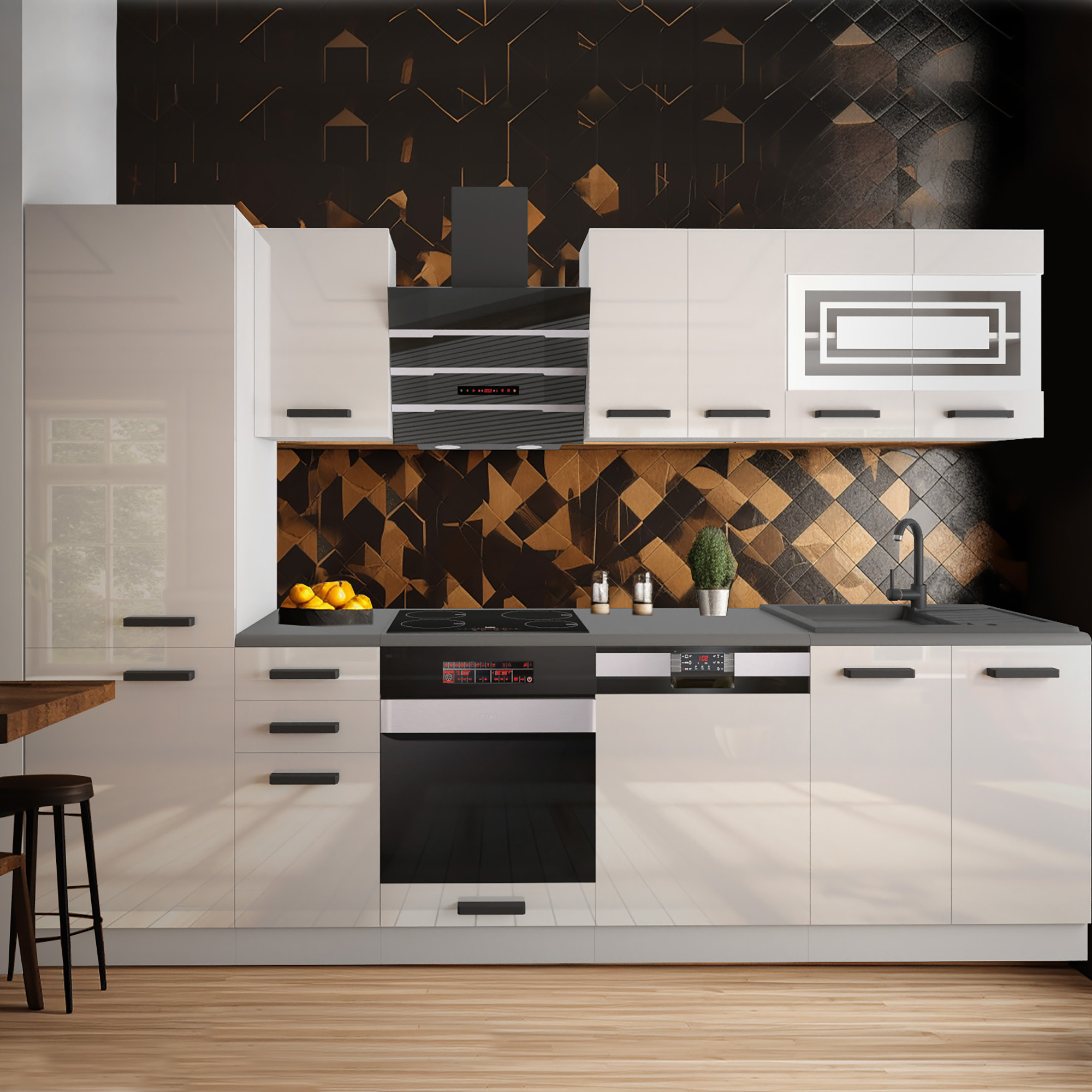 Cuisine moderne avec des accents chauds en cuivre