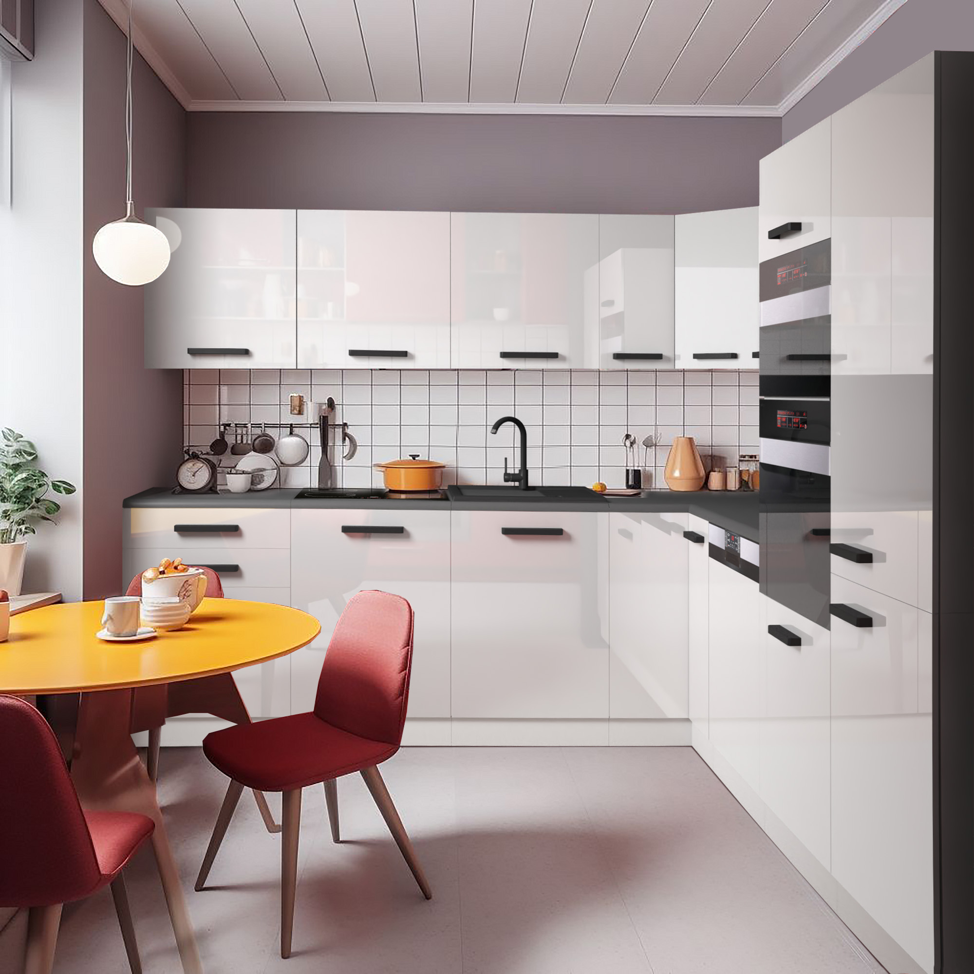 Cuisine lumineuse avec table orange et chaises rouges