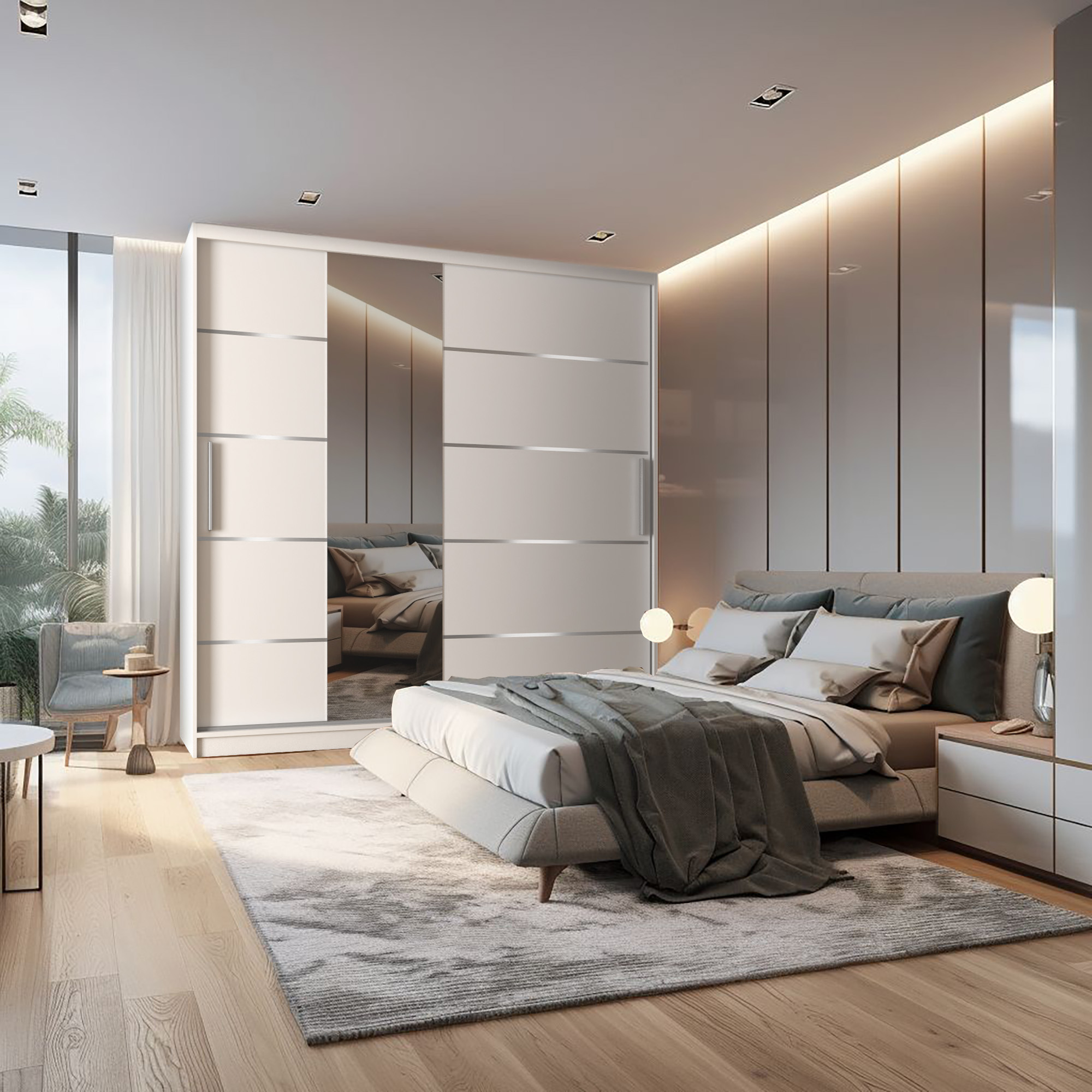 Chambre avec armoire miroir et lit confortable