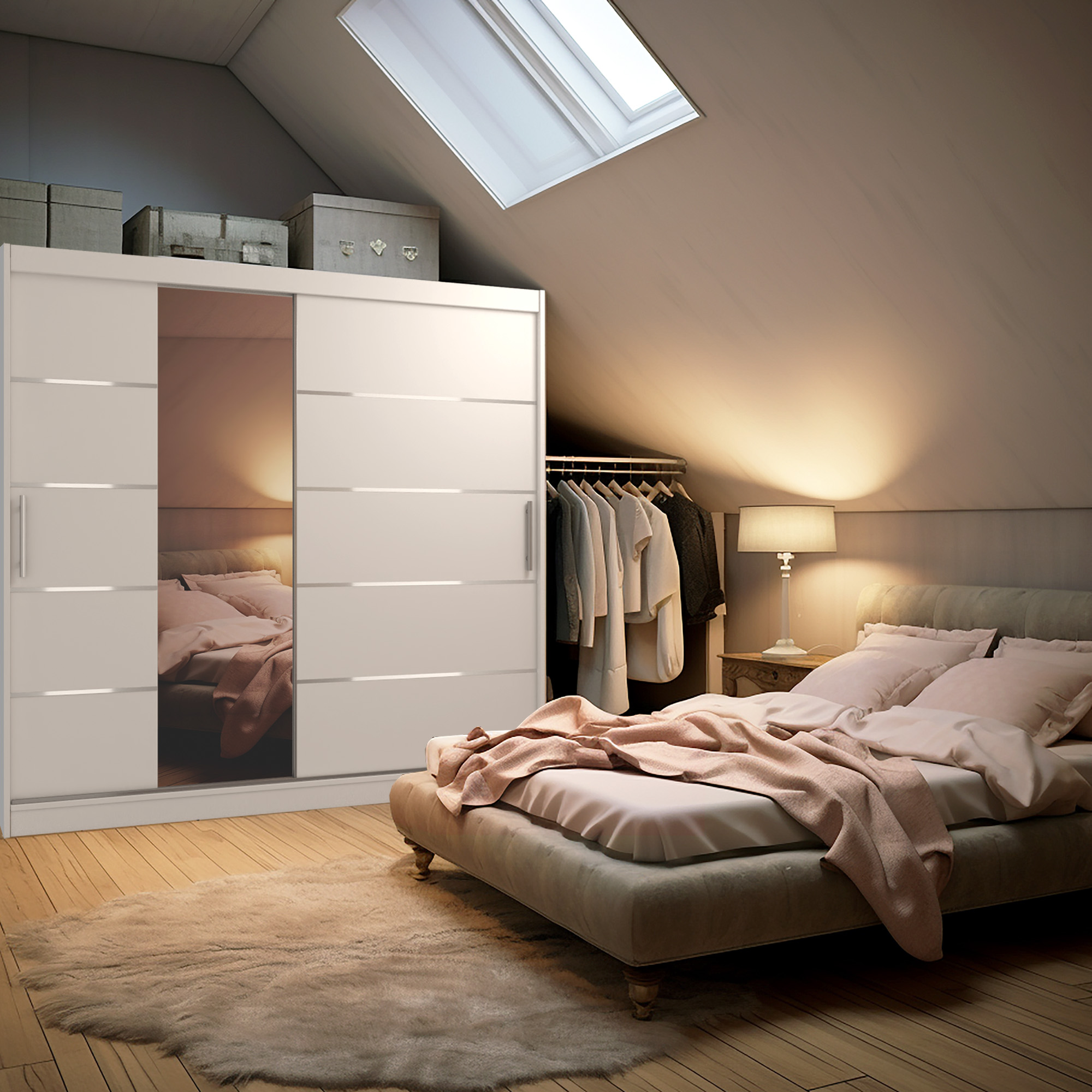 Chambre mansardée avec armoire et lit cosy