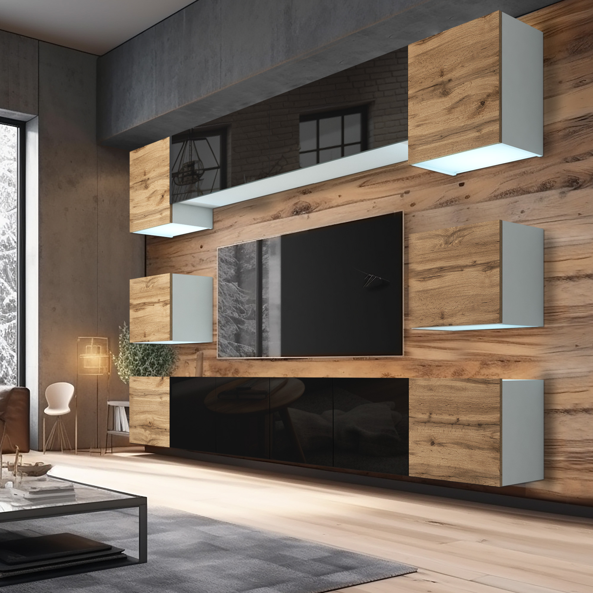 Salon avec meubles en bois et écran moderne