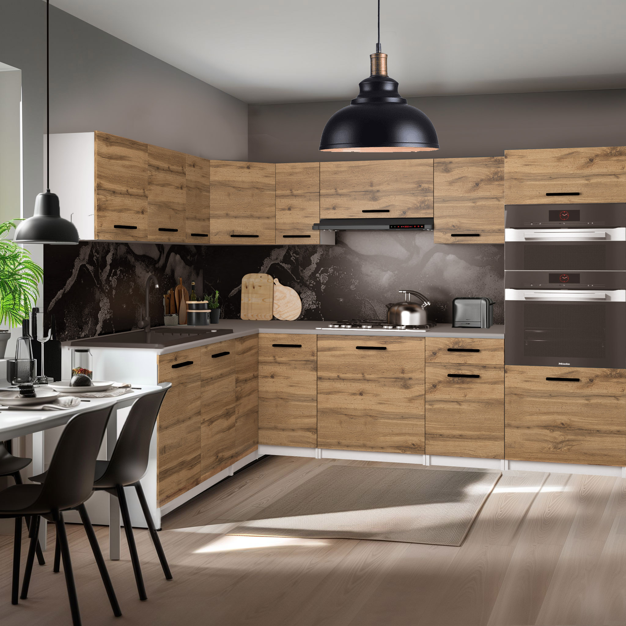 Cuisine en bois avec accents industriels et appareils intégrés