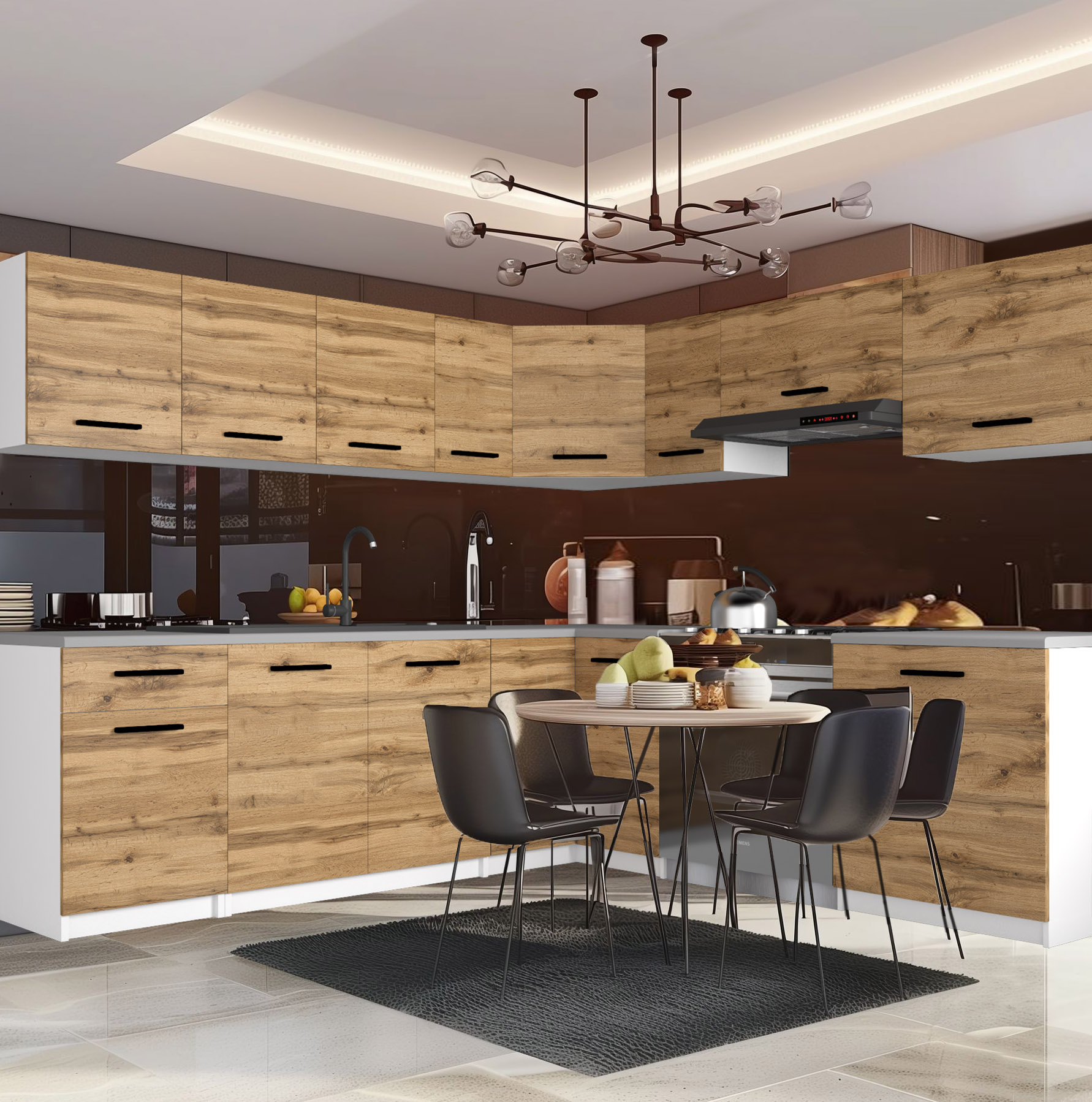 Cuisine avec meubles en bois et table ronde