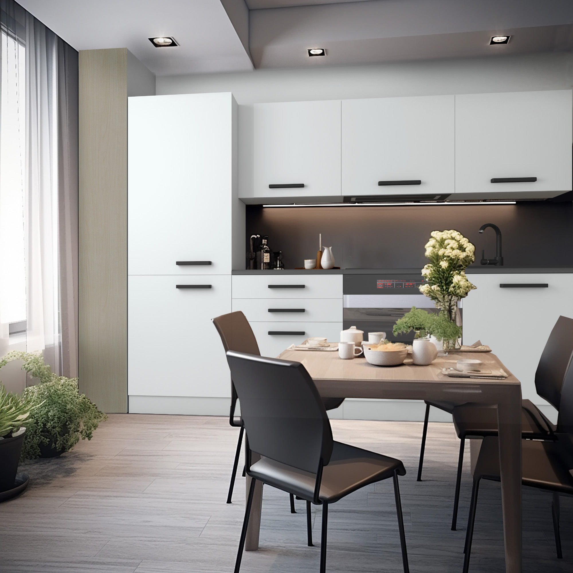 Cuisine moderne avec mobilier blanc et table à dîner