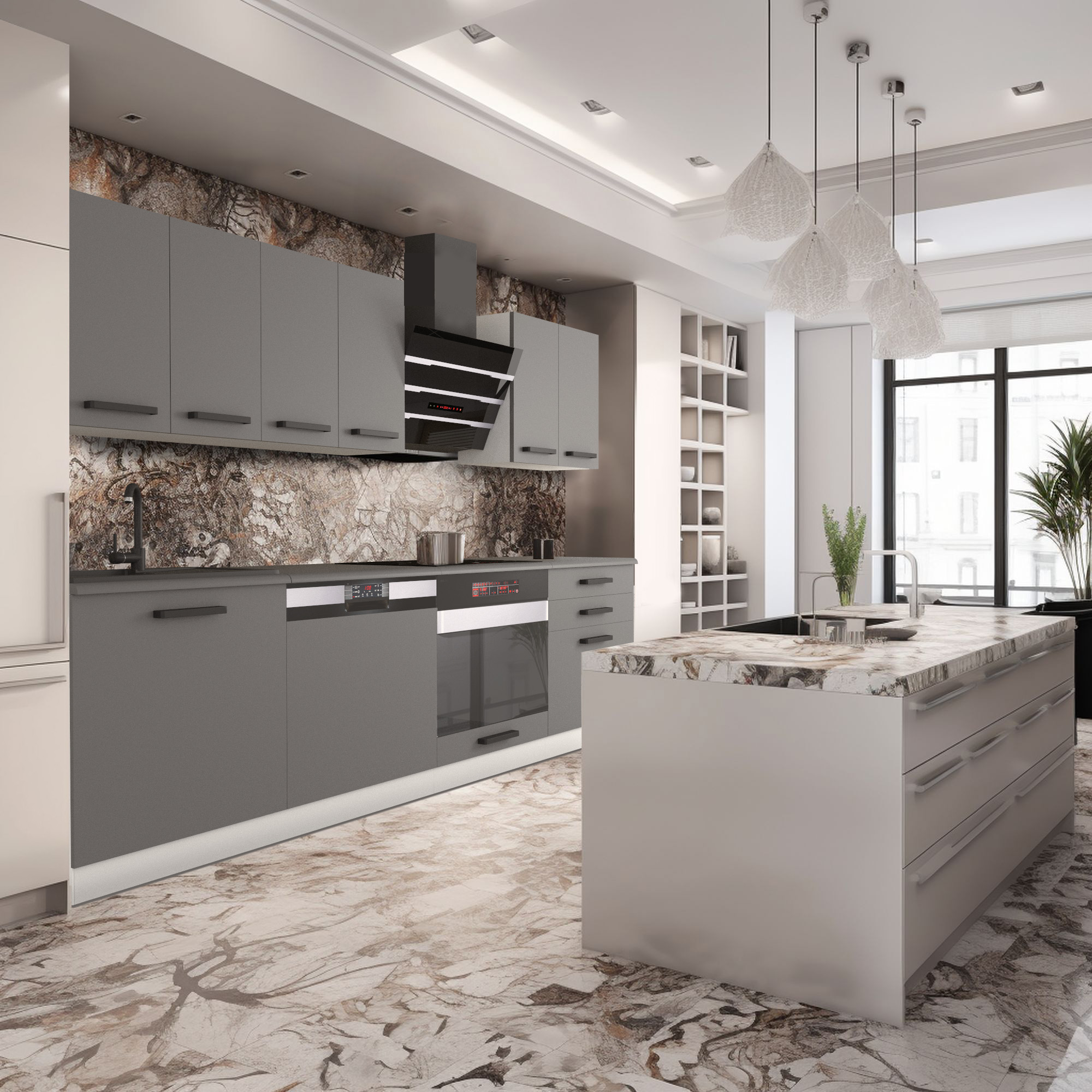 Cuisine grise avec îlot central en marbre