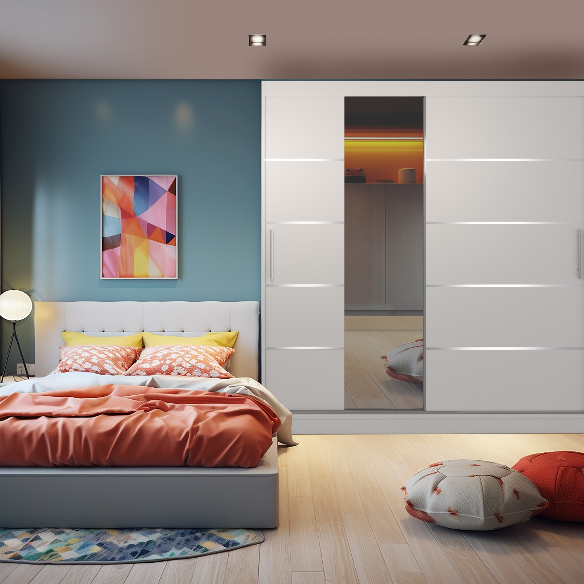 Chambre avec armoire blanche et accents colorés