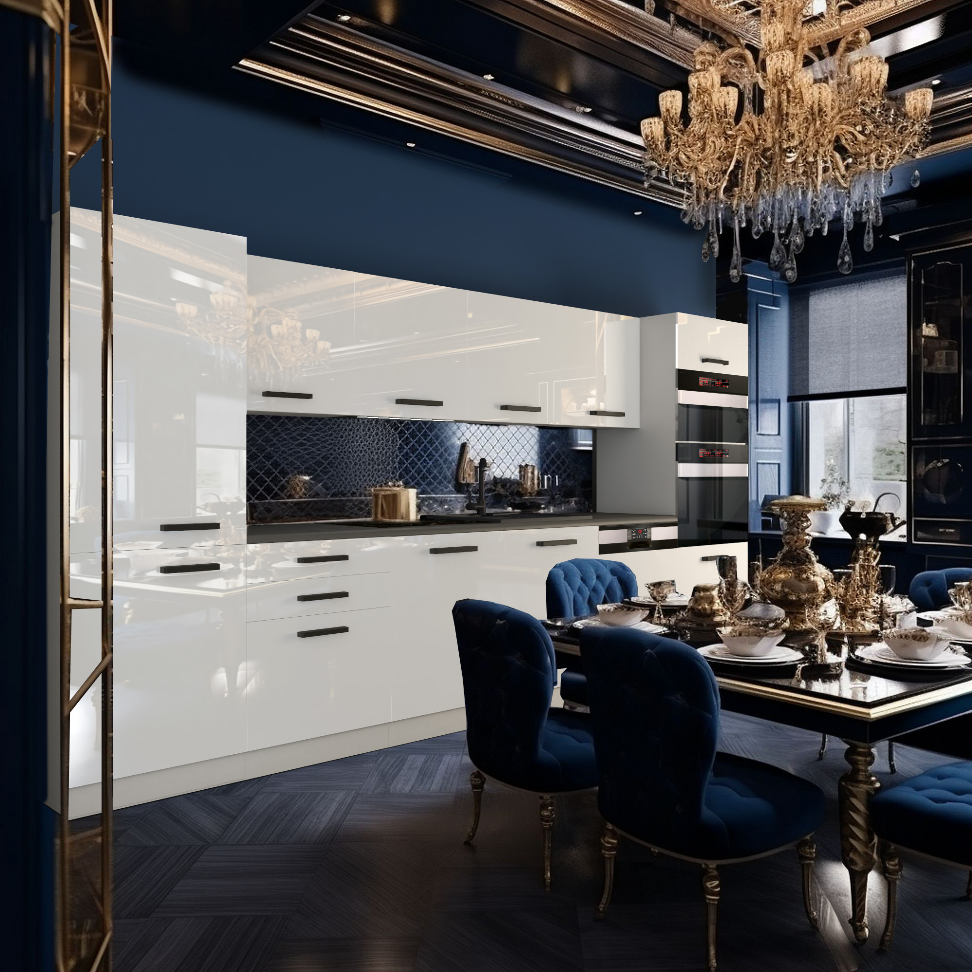 Cuisine luxueuse avec table et chaises en velours bleu