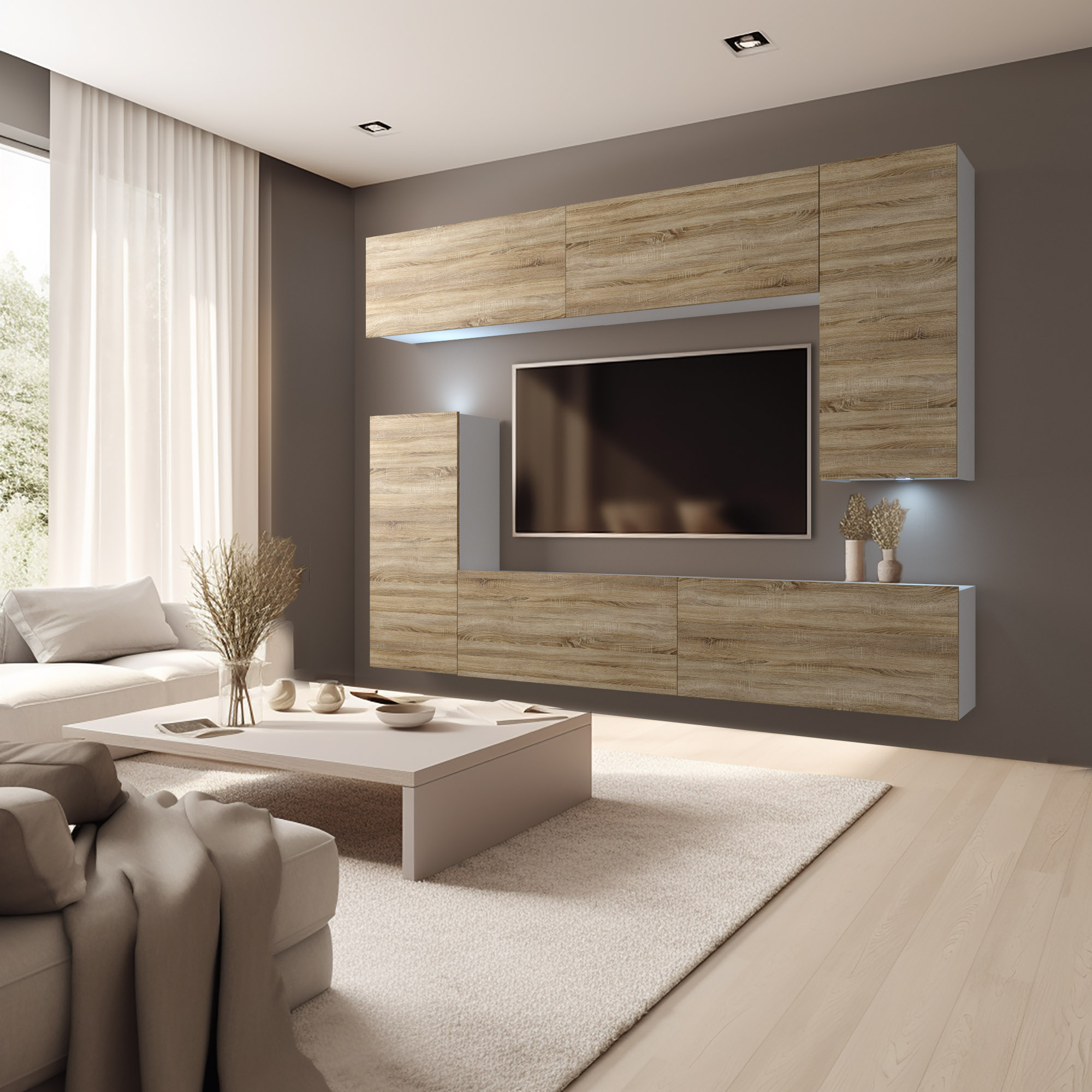 Mur TV en bois clair dans un salon moderne